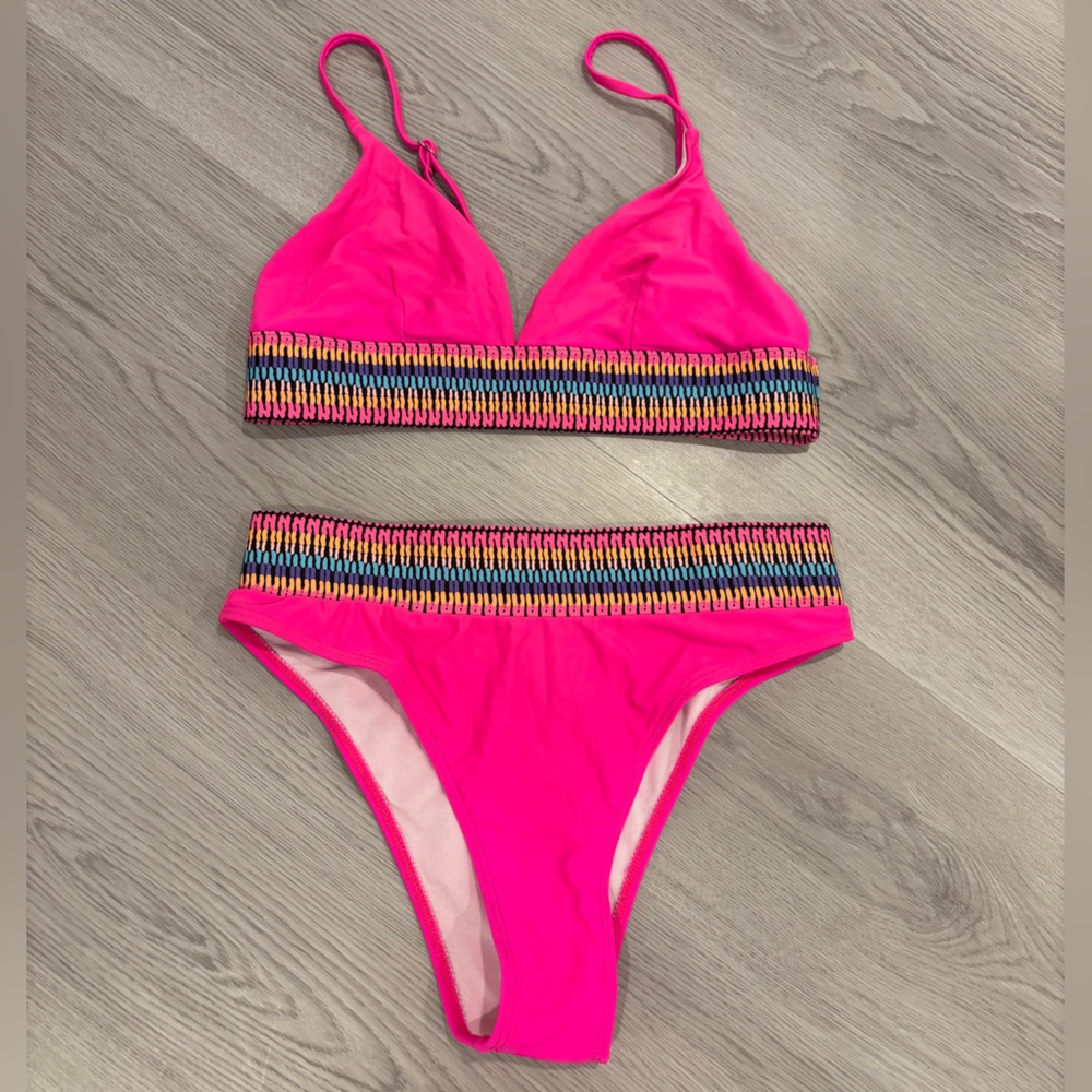 SHEIN Hot Pink Bikini Set with Multicolor Elastic Trim